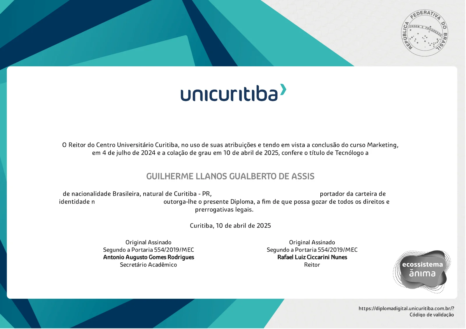 Diploma de Tecnólogo em Marketing do Centro Universitário Curitiba