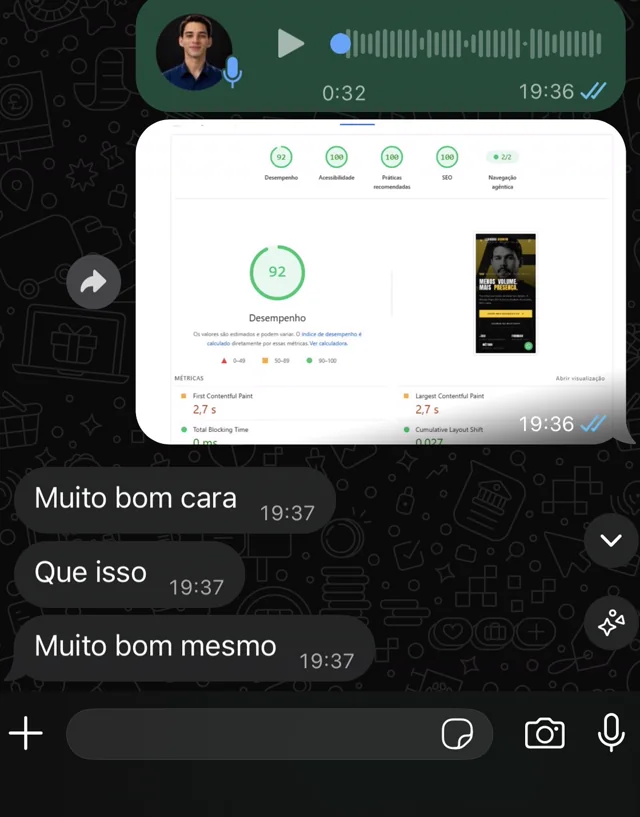 Avaliação de Leandro no WhatsApp: relatório 92 de desempenho e “muito bom mesmo”