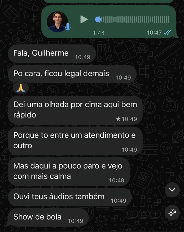 Avaliação de Wilson no WhatsApp: ficou legal demais, show de bola